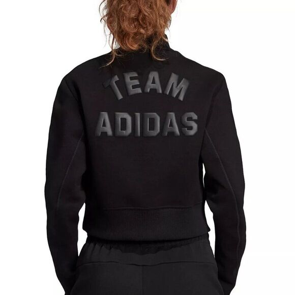 ADIDAS Team Womens Logo Varsity XS Athleisure Long Sleeve Crop Black Sweatshirt - Picture 2 of 12